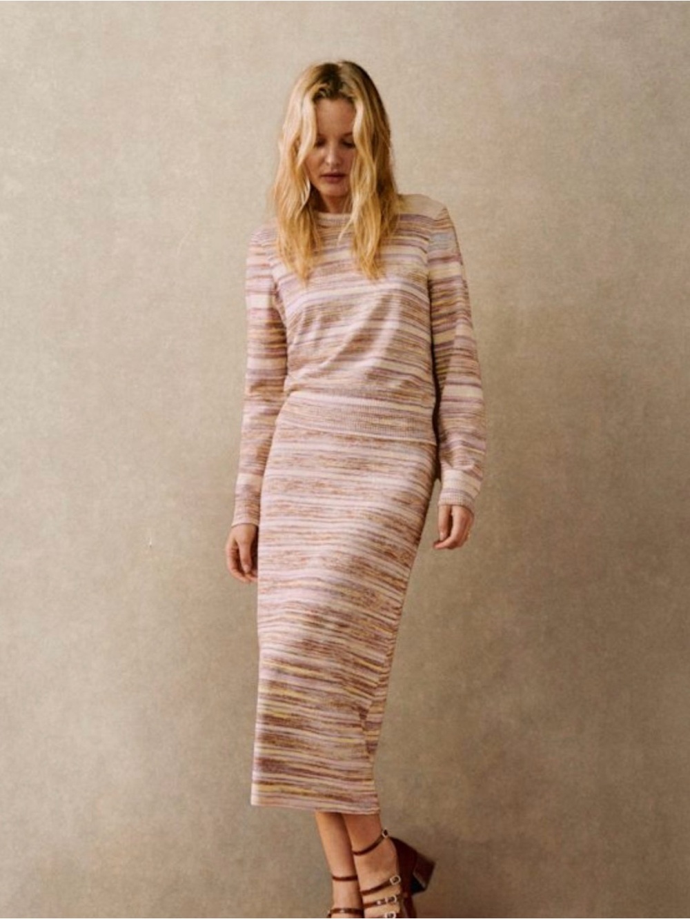 Sezane Lurdes Striped Pastel Knit Midi Knit Skirt in Pink, Blue & Cream